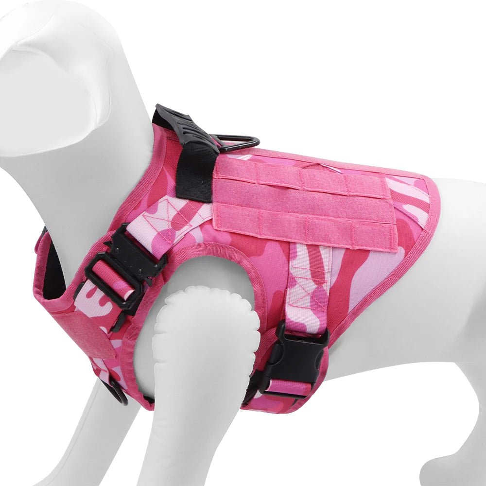 Tactical Pink Dog Harness Leash Set for Medium to Large Dog Adjustable Chest Strap Heavy-Duty Nylon for Outdoor Training Walking