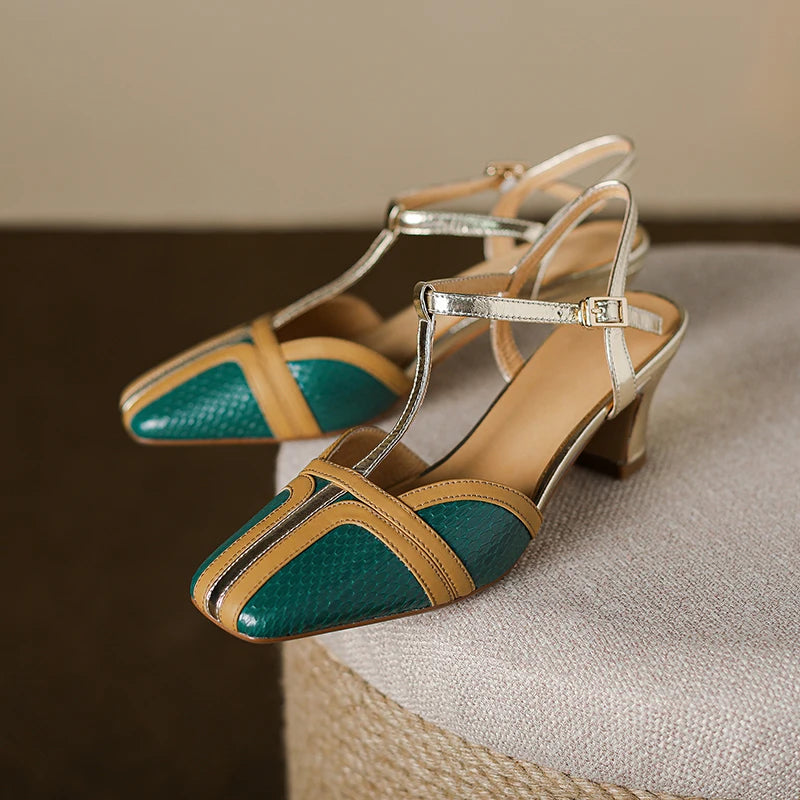 Dilalula 2025 Fashion T-Strap Genuine Leather Sandals Women Covered Toe Mixed Color Summer Dress Shoes Ladies Party French Style