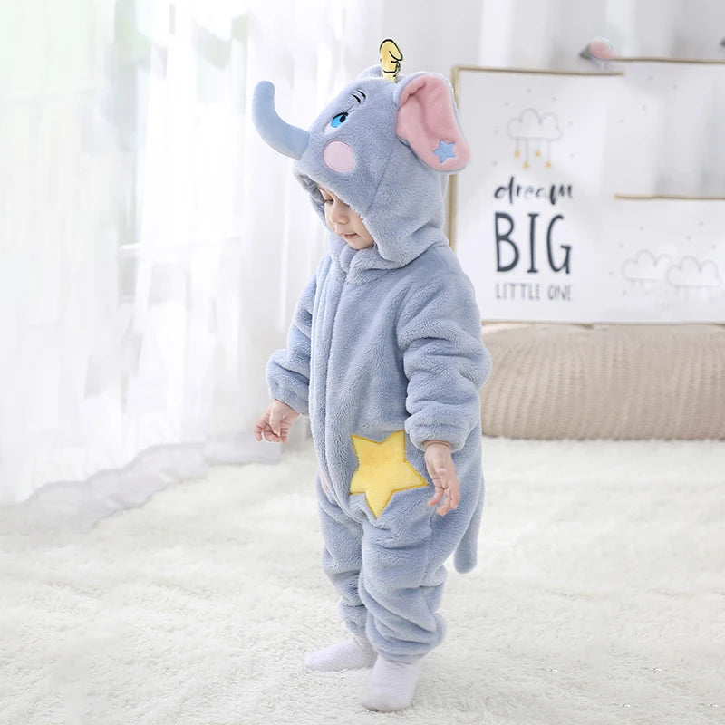 New Cute Elephant Newborn Baby Clothes Bodysuit Winter Flannel Boys Girls Romper Warm Cosplay Costume Outfit Hooded Jumpsui