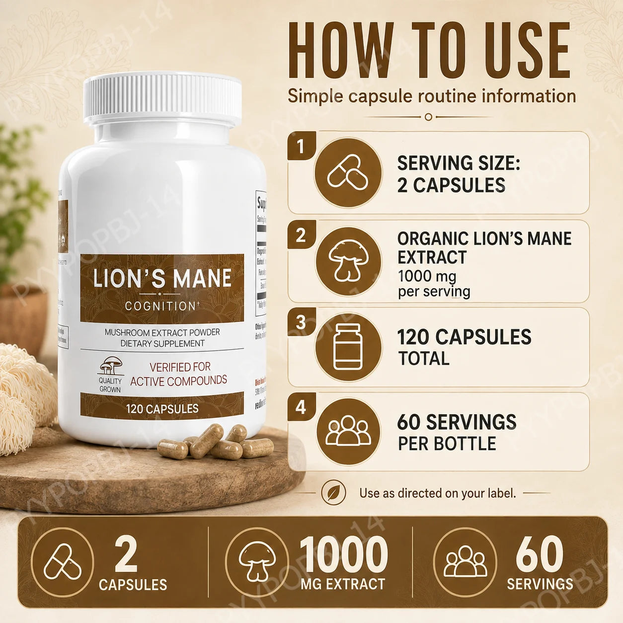 Lion’s Mane Mushroom Extract Capsules 1000mg, 300mg Beta Glucans, 120 Count, Vegan Non-GMO Gluten Free Daily Blend