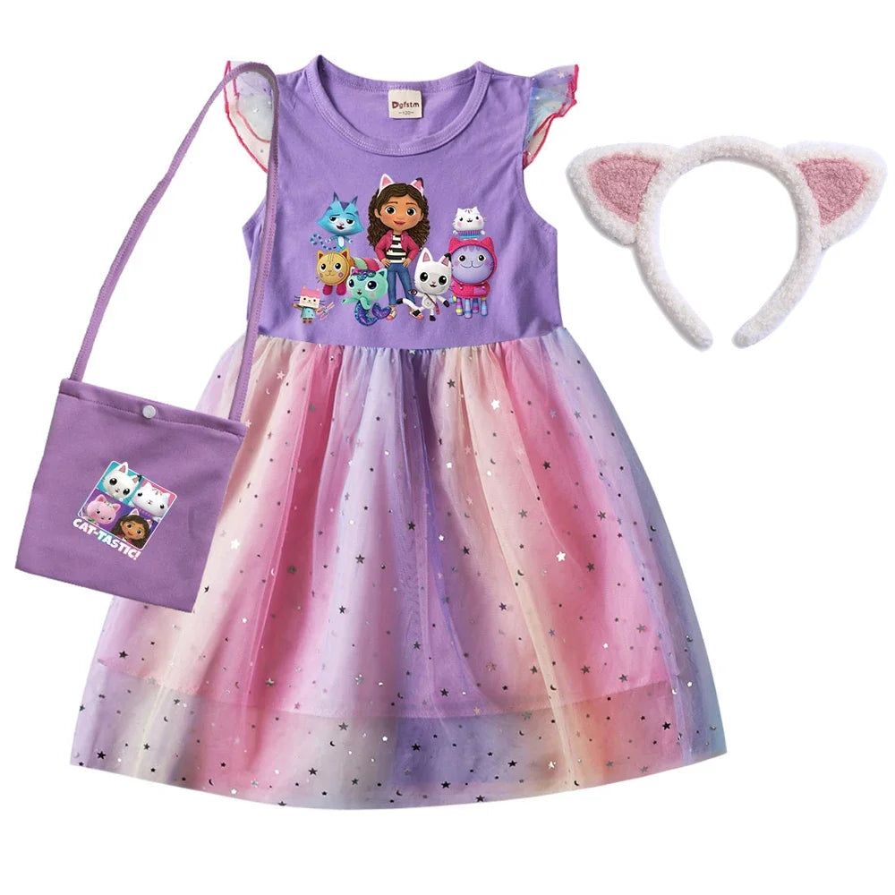 2024 Girls Summer Dresses Gabbys Dollhouse Girls Cat Tastic Costumes Kawaii Kids Birthday Party Princess Dress with Headwear Bag