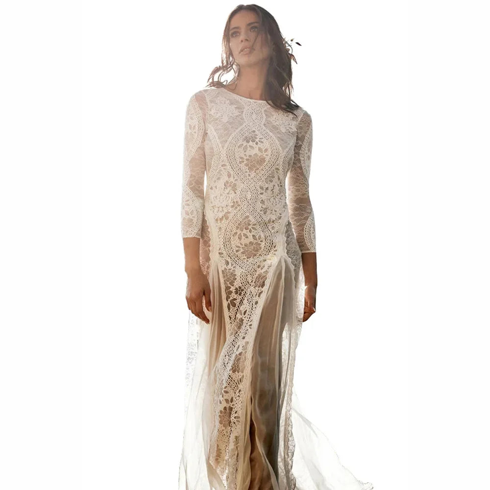 2025 Spring New Women's Celebrity Banquet Wedding Dress Crew Neck Long Sleeve Printed Halter Lace Dress