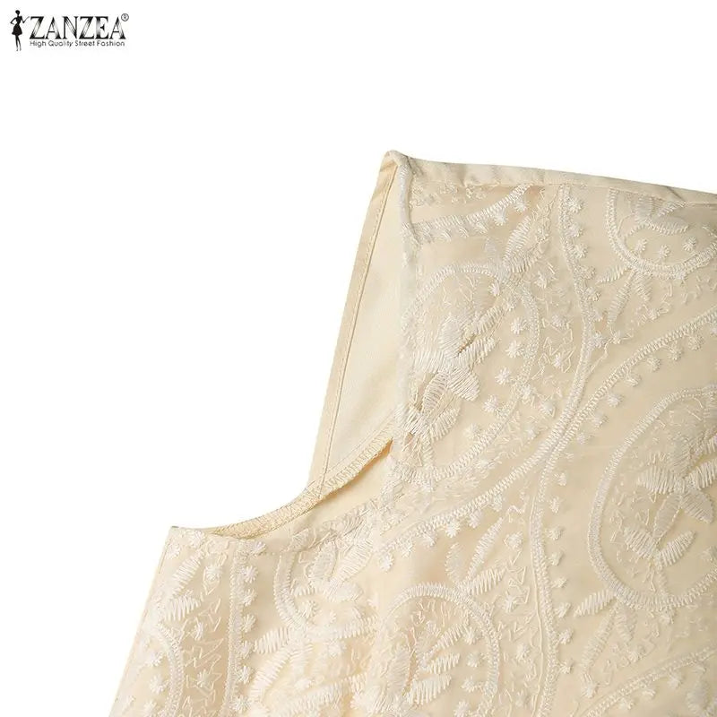 ZANZEA Elegant Women's Wedding Guest Party Midi Dress Embroidered Mesh Patchwork Stand Collar Cap Sleeve Dresses Woman Clothes