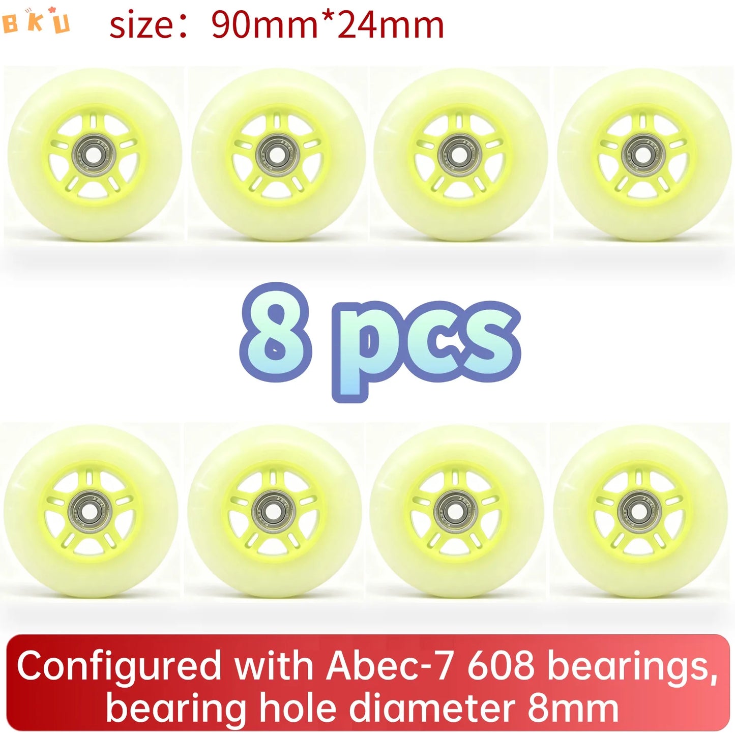 8pcs Universal 90mm PU Wheels for Inline Skates Luggage Stroller with ABEC-7 608 Bearings 12 Color Variants 8mm Inner Hole