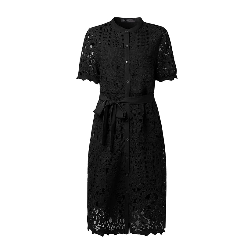 ZANZEA Elegant Lace Sundress Women Vintage Lace-Up Office Dress 2025 Summer Solid Hollow Out Vestidos A-Line CasualRobe Femme