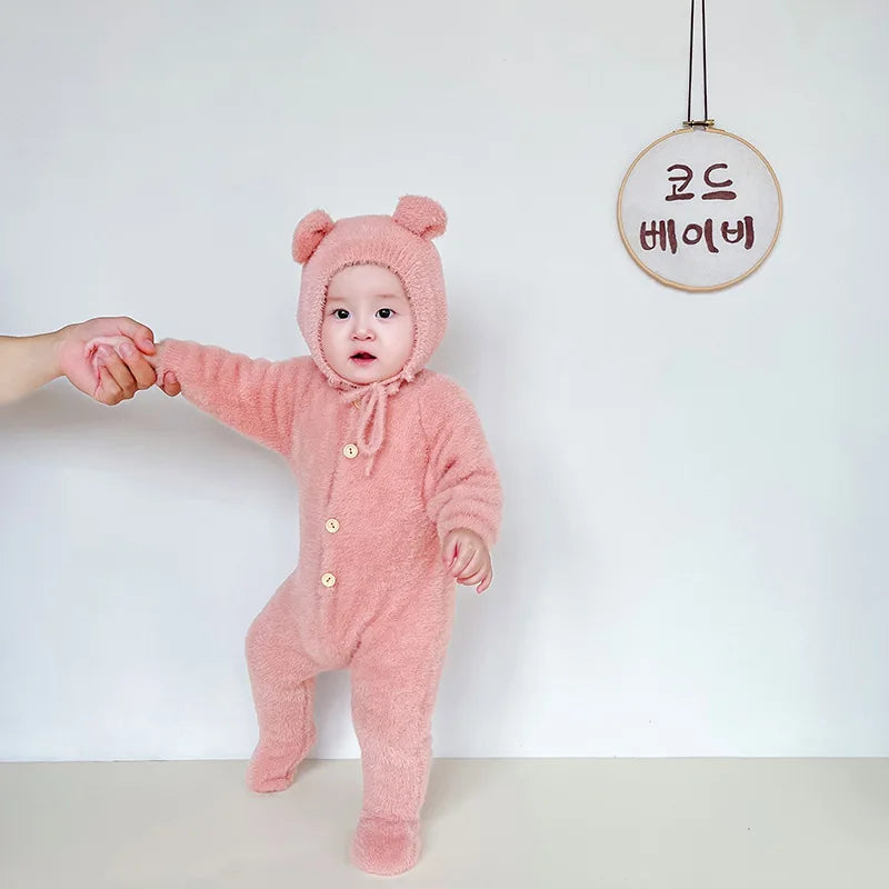 Baby Outfit Newborn Photography Props Mohair Knitted Bear Rompers Footed Jumpsuit Hat 2pcs/Sets Photography Clothing Accessories