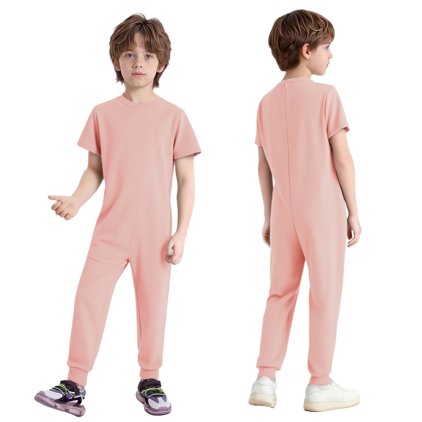 Kids Boys Girls Special Needs Adaptive Clothing Cotton Round Neck Short Sleeve Back Zipper Solid Color Full Body Jumpsuit Romper