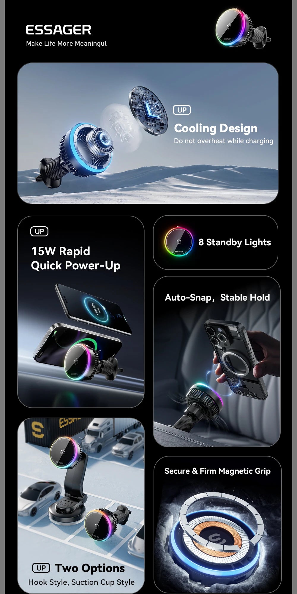 Essager Cooling Magnetic Car Wireless Charger 15W Fast Charging Station For Magsafe iPhone 16 Huawei 360° Roation Phone Holder