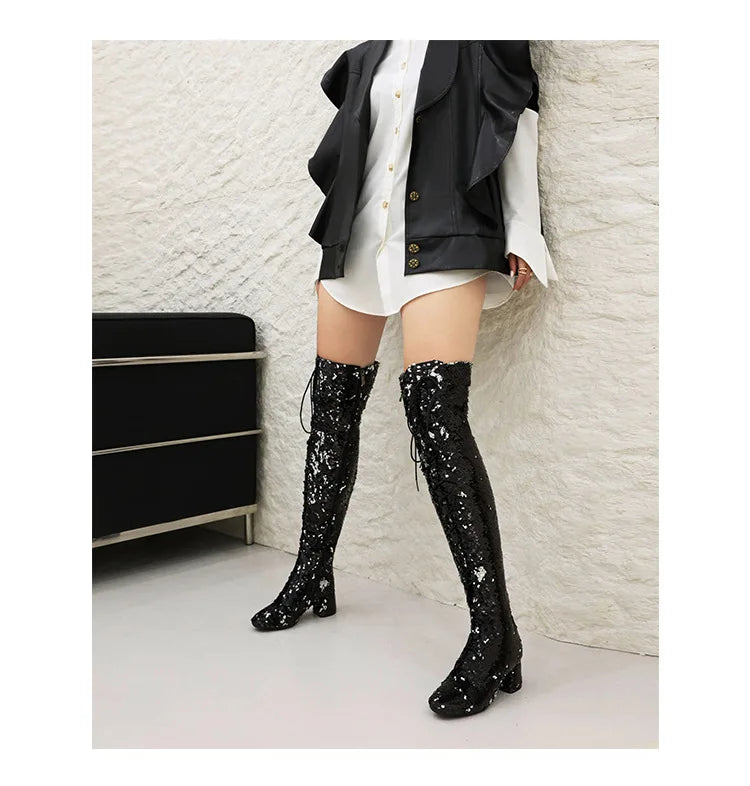 Glitter Bling Boots Women Over the knee Chunk High Heels Zipper Lace-Up Runway Lady Shoes Large Size Thigh High Boots Size 46