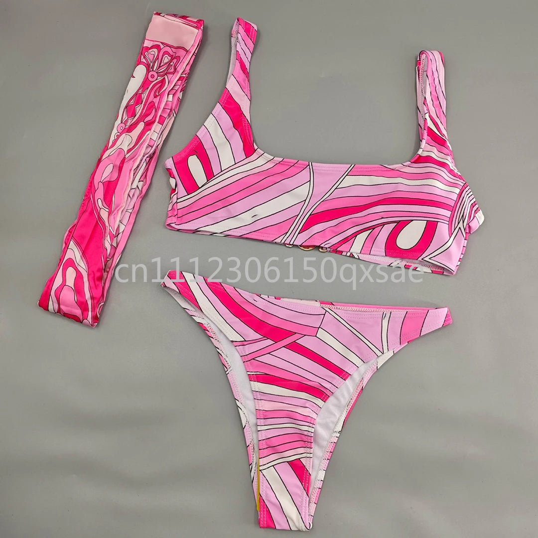 Women's Pink Headband Scarf Swimsuits with Letter Signature Logo Lady Headband Scarf Bikini Sets Beachwear Swimwear