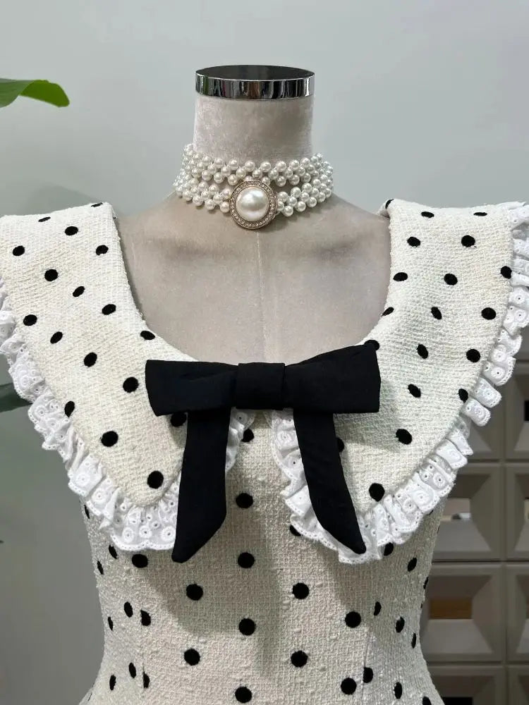 Women's Sexy A Line Lace Edge Polka Dot Fashion Round Neck Bow Short Mini Dresses Birthday Party Dinner Evening Cocktail Dress