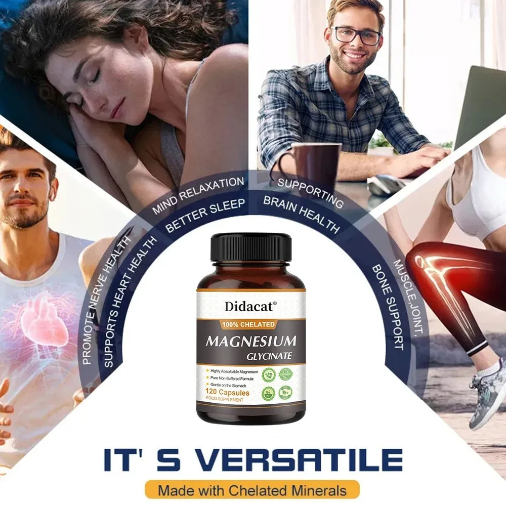 Chelated Magnesium Glycinate 500mg, Supports Muscle, Heart, and Nerve Health, Nutritional Supplement, 120 Capsules