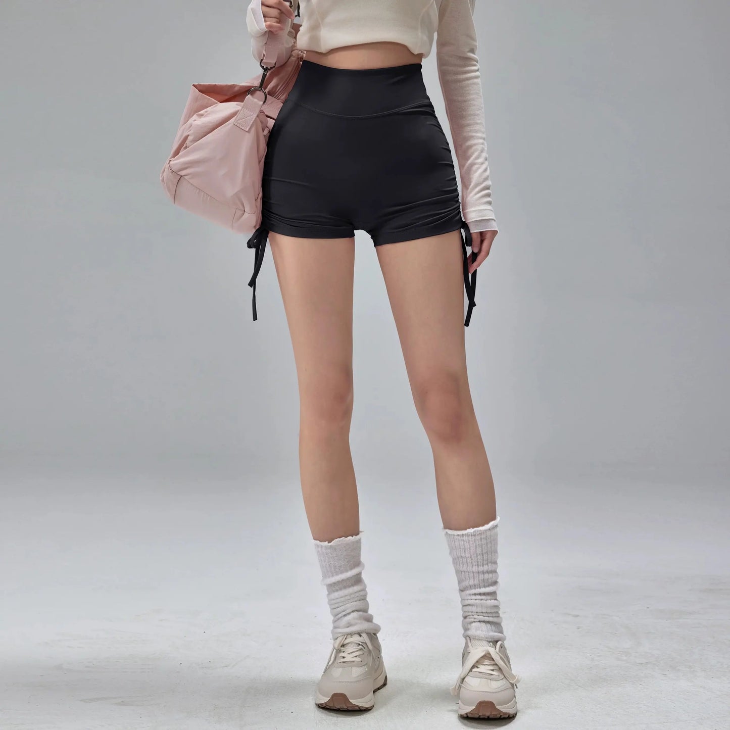 High Waisted Sports Shorts, Summer Fitness Shorts, Drawstring Straps, Quick Drying Running and Dancing Three Quarter Pants, Wome