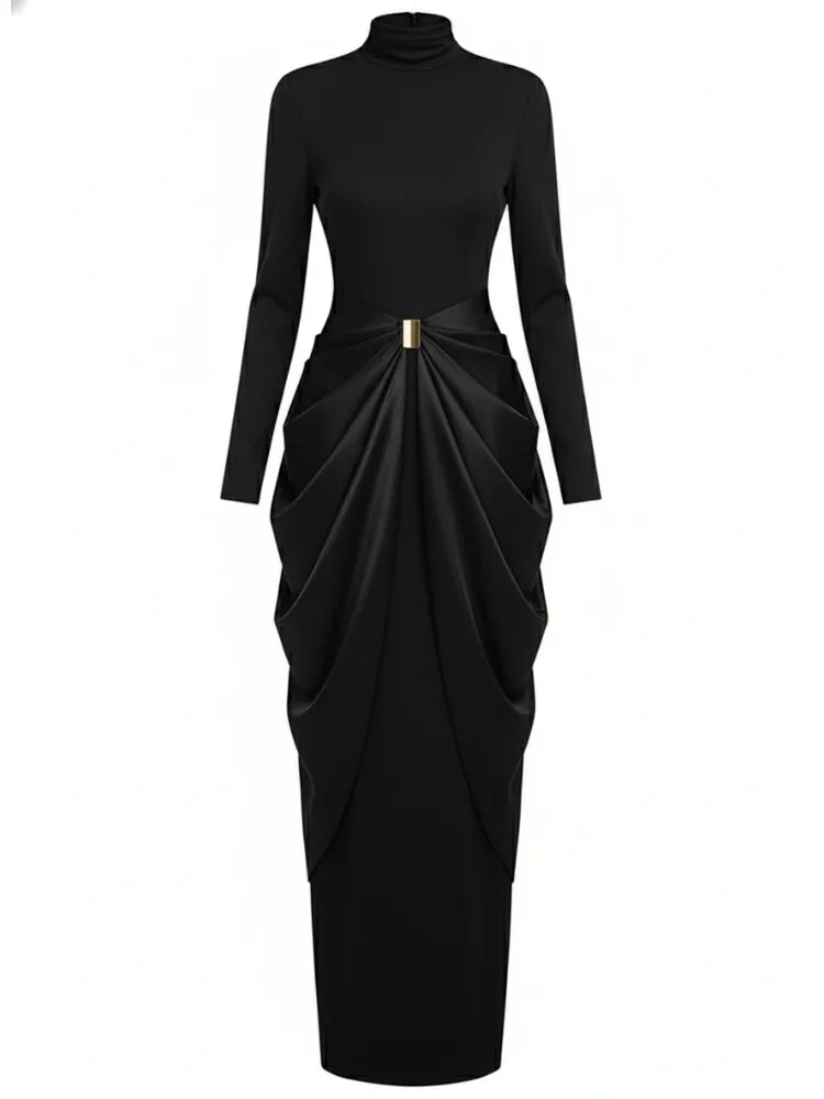 Missuoo 2025 Autumn New Women's Evening Dress Black High Neck Long Sleeves Split-joint Pleated Maxi Dress High Waist Party Gown