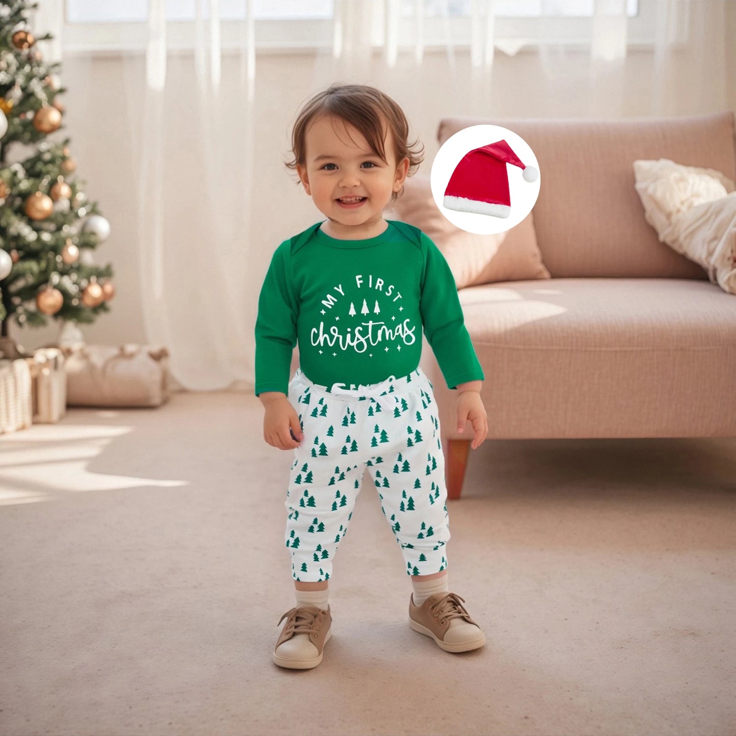 Baby Boy First Christmas Outfit Long Sleeve Truck Tree Print Romper Jogger Pants Hat Newborn Fall Winter Clothes Set