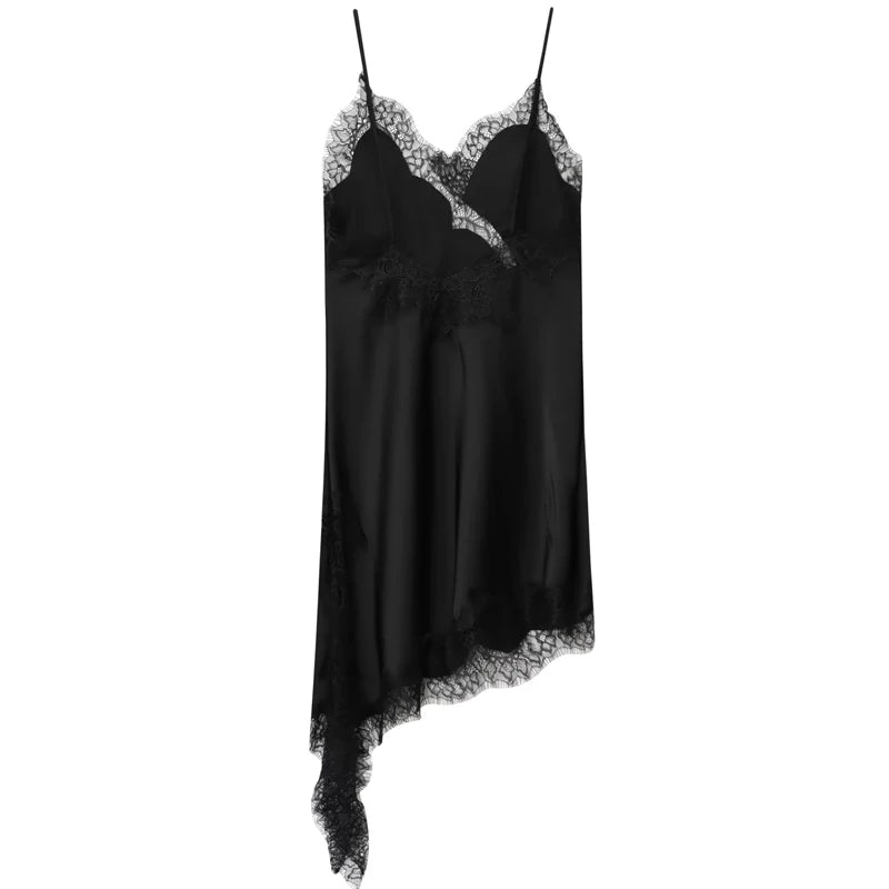 HXAO Slip Womens Dresses Sleeveless Black Lace Dress Woman Asymmetrical Elegant Party Dresses Sexy Backless Satin Yellow Dress