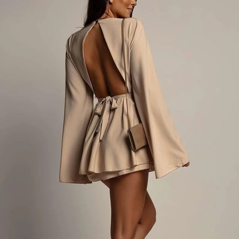 Women Elegant Crew Neck High Waist A-Line Party Dress Spring Flare Long Sleeve Office Dress Summer Backless Lace-up Mini Dresses