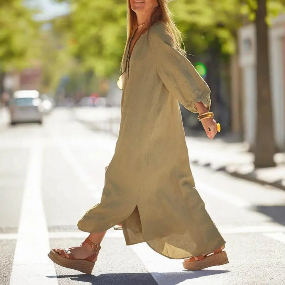 Spring Autumn Women Long Dress Loose Button-down 3/4 Sleeves Maxi Dress Pure Color V Neck Cardigan Casual Dress For Daily Wear