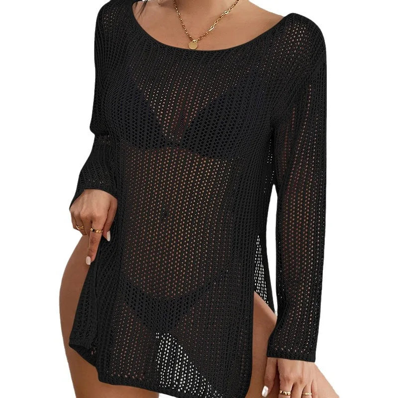 Sexy Style Knitted Loose Bikini Cover-Ups Women's Hollow-Out Long Top Summer Holiday See-Through Beachwear Sunscreen Smock