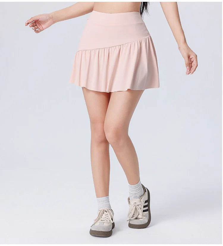 Women High Waist Asymmetrical Tennis Skirt Built-in Shorts Quick Dry Breathable Workout Running Sports Mini Skort