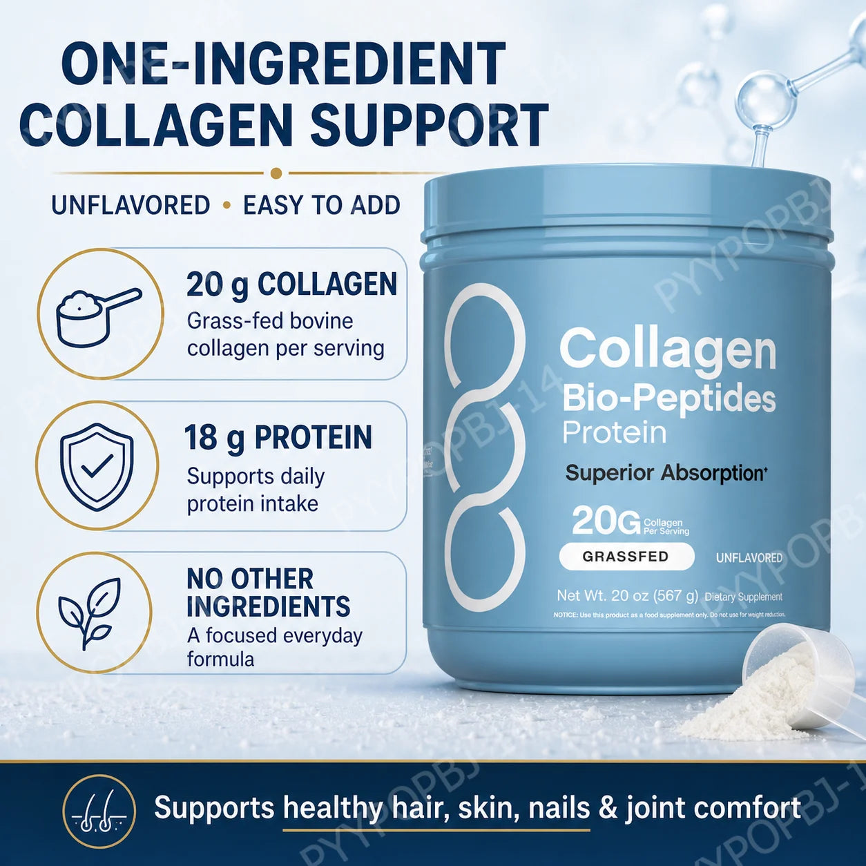Collagen Peptides Powder 20g Per Serving, 18g Protein, Grass-Fed Bovine, Unflavored Daily Beauty Active Lifestyle Support, 567g