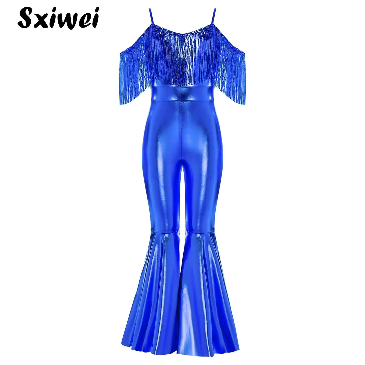 Shiny Halloween Hippie Costume for Kid Girls Sleeveless Sequins Tassels Disco Outfit 70s 80s Prom Flare Jumpsuit Party Costume