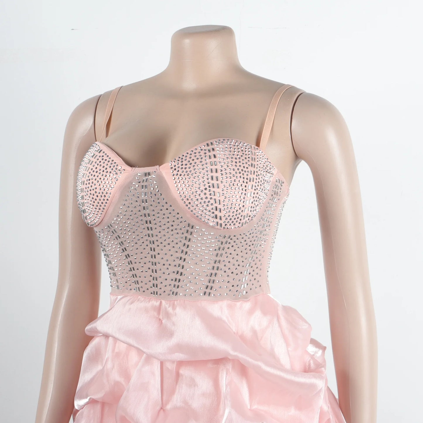 HBLL Sexy Rhinestone Bodycon Ruched Puff Suspenders Dresses Women Sheer Mesh Birthday Party Night Clubwear Summer Dresses Robes