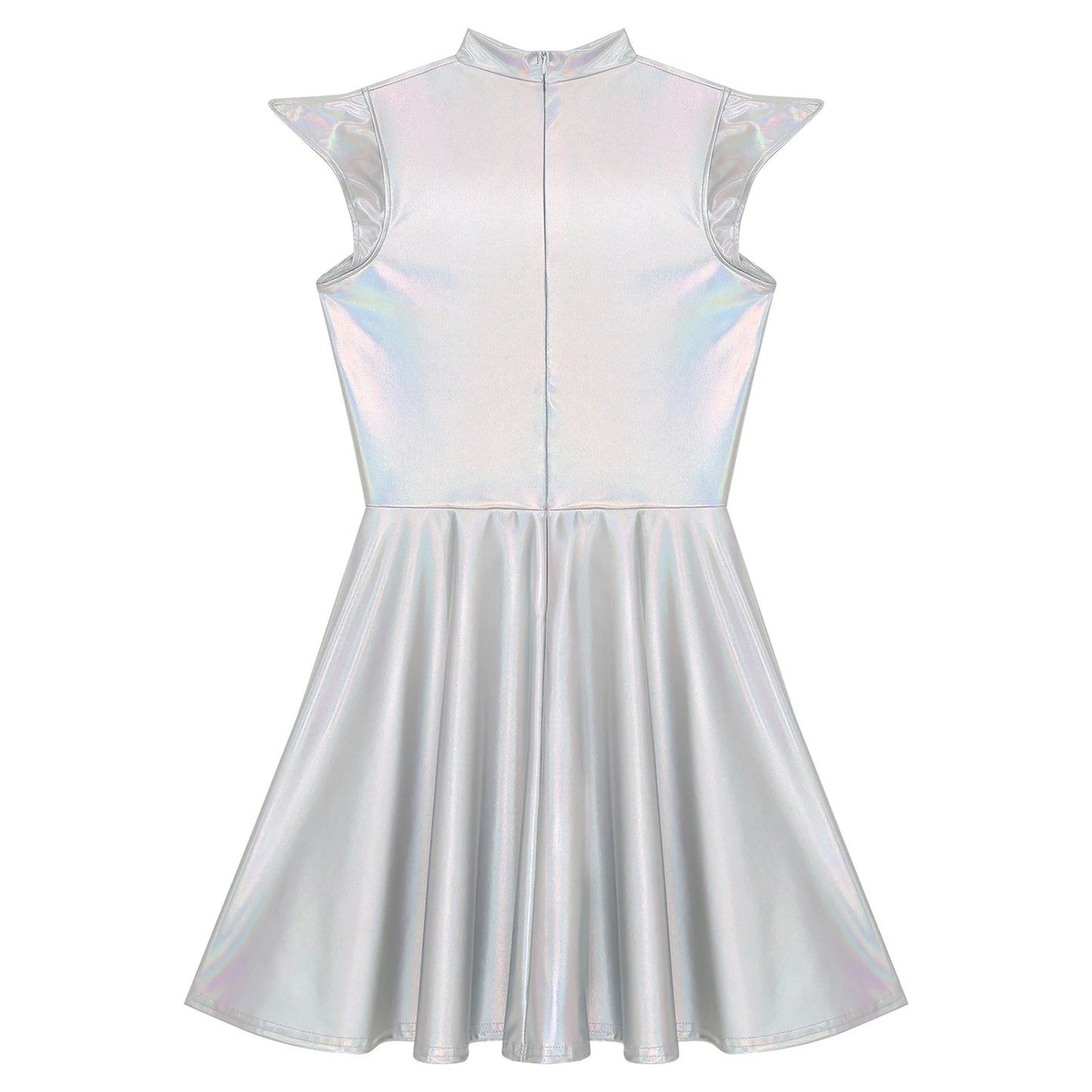Womens High Waist A-line Dress Shiny Metallic Mock Neck Cap Sleeve Dress Modern Pole Dance Rave Party Bar Club Wear Street Wear