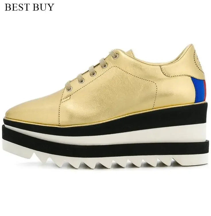 2024 Height Increasing Star Rivet Shoes Classic Platform Rose Gold sneakers Mix Color Square Toe Wedge Shoes Lace Up Lady Shoes