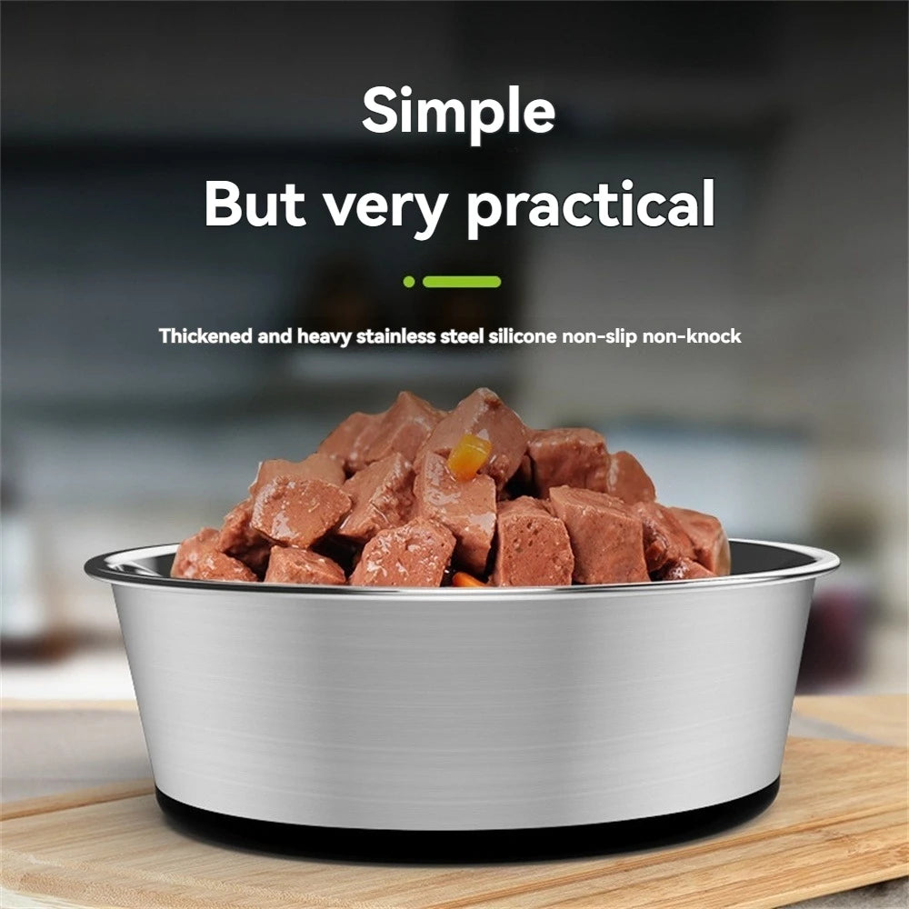 Stainless steel dog bowl, available in three sizes, with a silicone non-slip base, suitable for small, medium, and large dogs