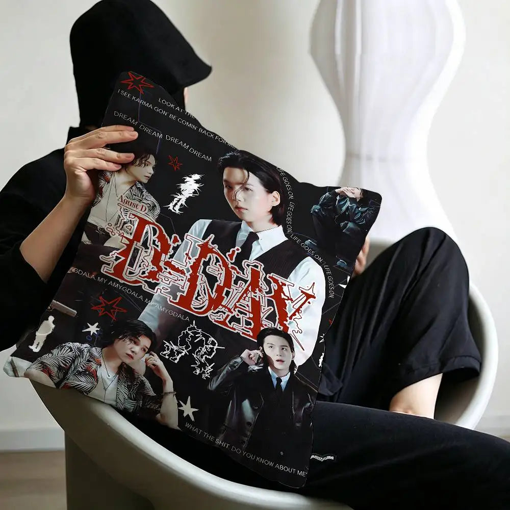 Kpop Singer S-Suga A-Agust D Office Cushion Pillowcase Car Cushion Cover45X45CM Lumbar Pillowcase Sofa Pillowcover