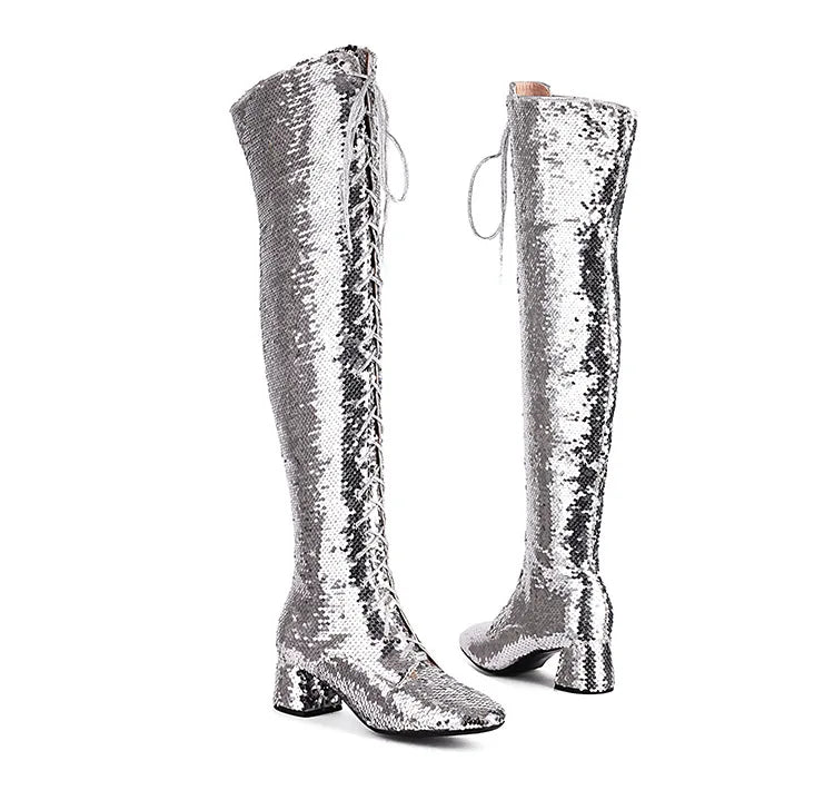 Glitter Bling Boots Women Over the knee Chunk High Heels Zipper Lace-Up Runway Lady Shoes Large Size Thigh High Boots Size 46