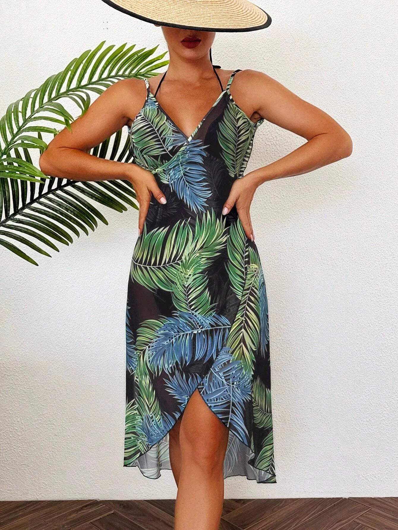 Summer Beach Cover-Ups Sexy Women Leaves Print Wrap Dress Sun Protection Bikini Cover Up Sarongs Female Bathing Suit Swimwears