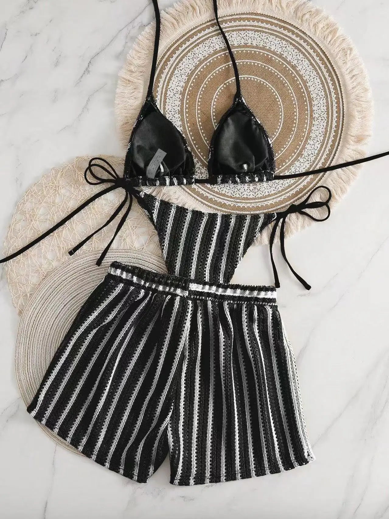 3pcs/Set Bohemian Style Crochet Fabric Drawstring Swimsuit Cover Up Bikini Set For Summer Beach Vacation