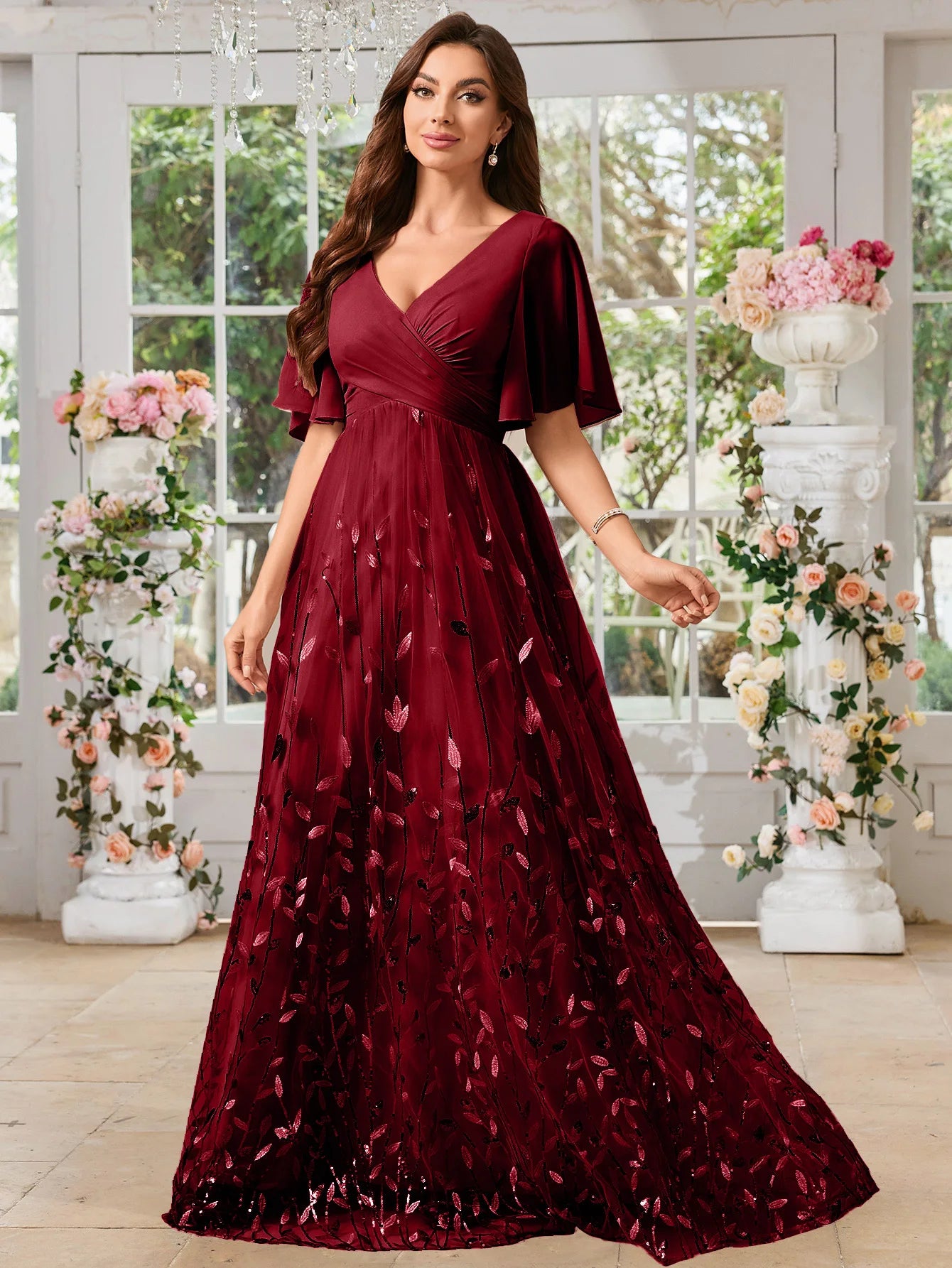 UNITHORSE Random Cutting V-neck Lace-Trimmed Sleeves Chest Pleats Leaf Pattern Tulle Patchwork Evening Dress