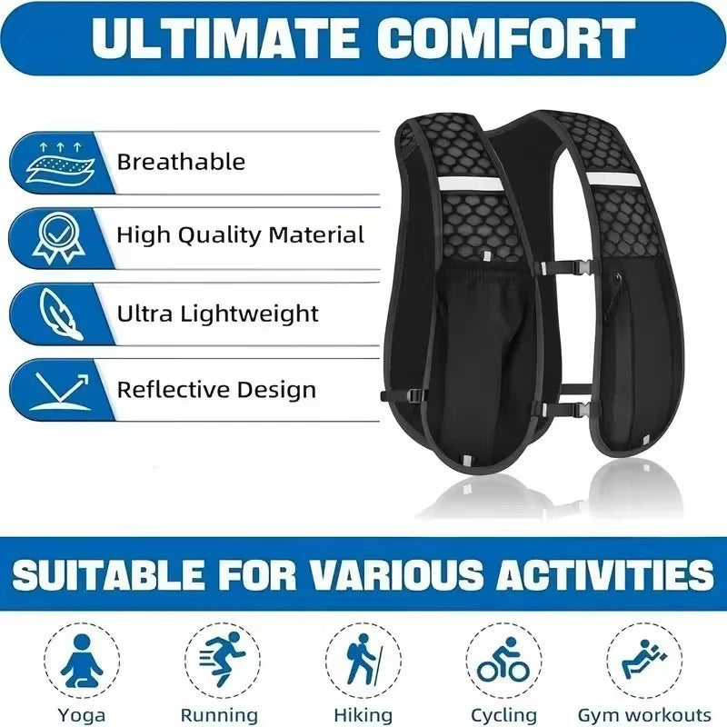 Lightweight Ergonomic Running Hydration Vest, Reflective Water Bottle Backpack for Cycling Walking Kayaking Outdoor Sports