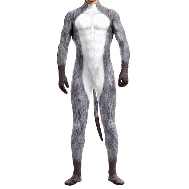 Halloween Costume  Adult Mens Wild Animal Cosplay Costume Full Cover 3D Print Beast Petsuit Jumpsuit Bodysuit Tail