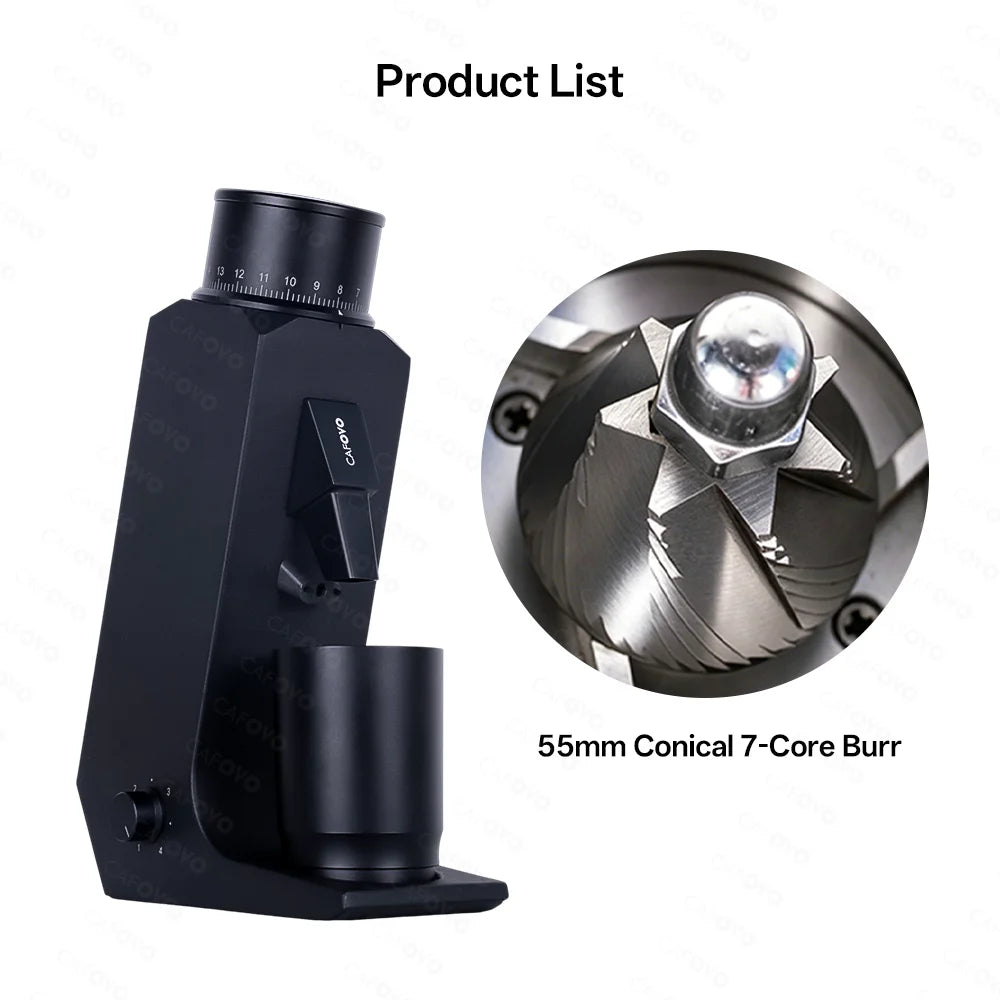 CAFOVO G255CV Single-Dose Coffee Grinder 55mm Conical 7-Core Burr Speed Range 100–400 RPM for Espresso and Pour-over Coffee Mill
