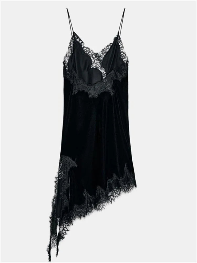 Women Satin Sexy Velvet Lace Spliced Short Sling Dress Sleeveless Backless Asymmetric Sexy Party Dresses Summer Lady Dress ﻿
