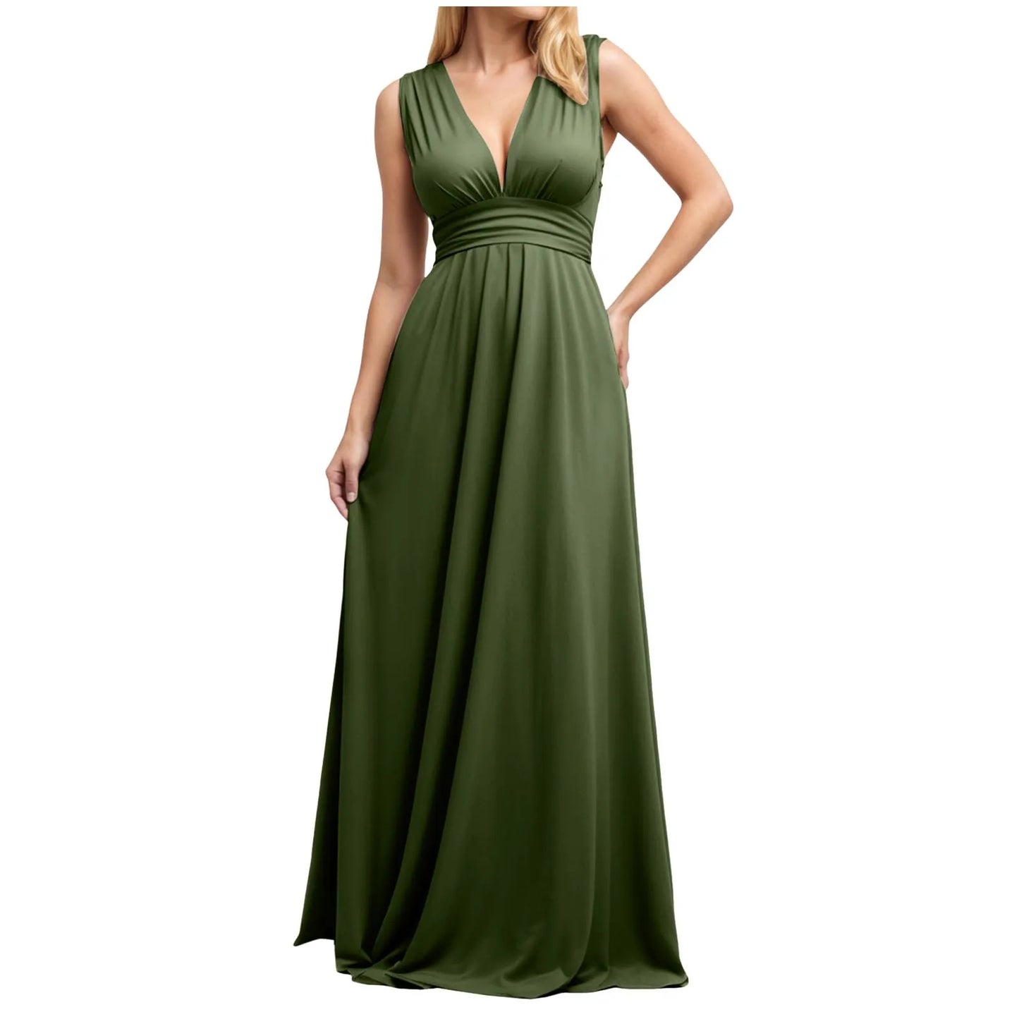 Multiple-Way Women Maxi Dress For Wedding Deep V-Neck Sexy High Waist Evening Party Dress Flowy Ruched A-Line Cocktail Dress