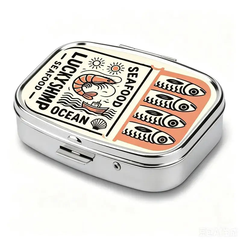 【WA】LUCKY TUNA Sardines Print Metal Pill Box, Portable 2-Compartment Travel Pill Organizer For Vitamins & Pills