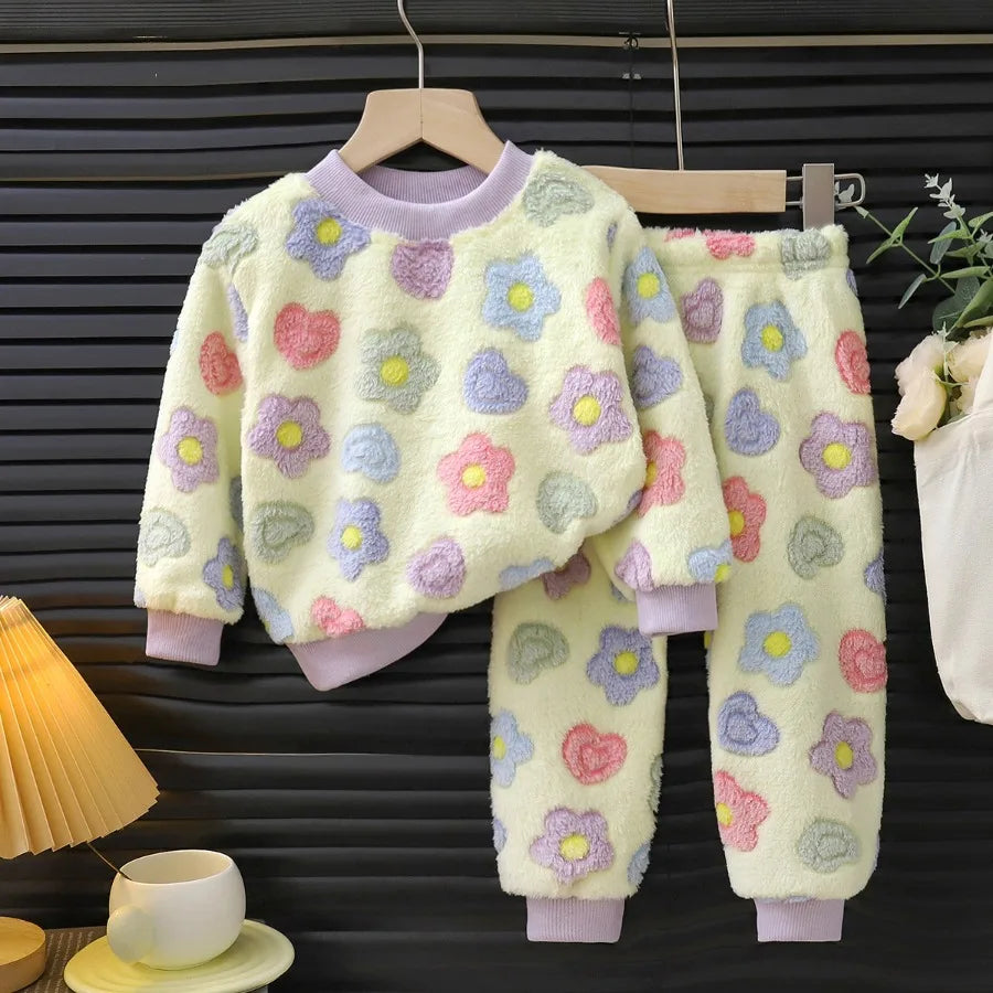 Children's Casual Soft Flannel Pajamas Sets Boys Girls Cartoon Flower Sleepwear Toddler Baby Autumn Winter Thicken Warm Pyjamas
