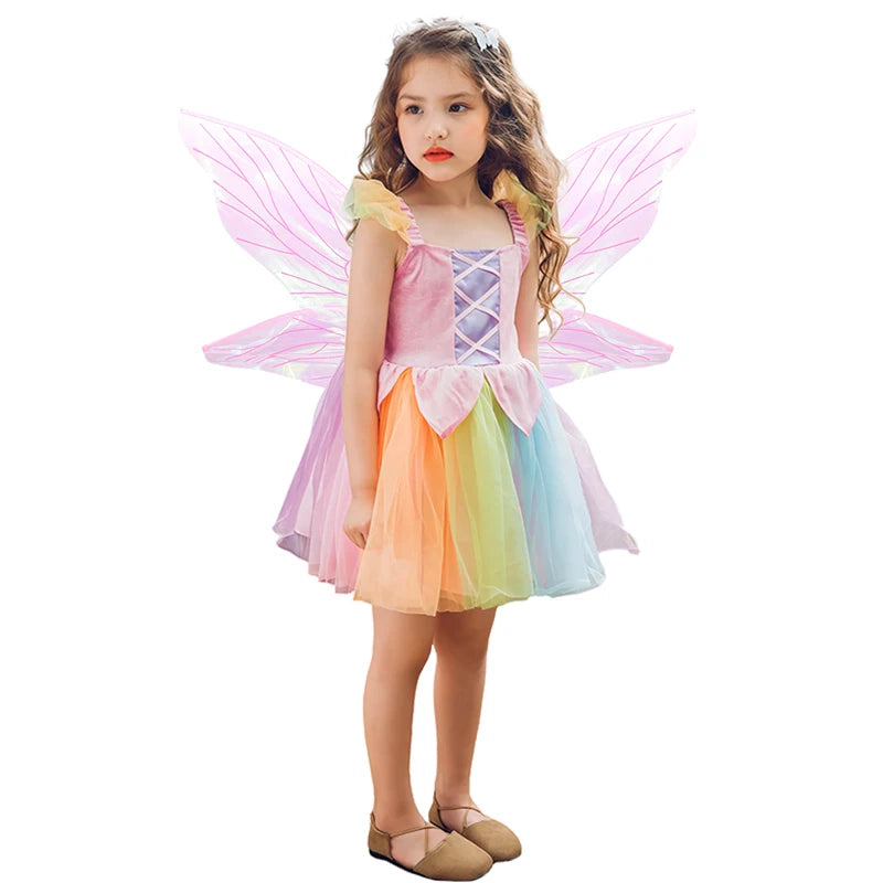 Cheap Top Quality Summer Fancy Baby Girl Fairy Rainbow Tutu Dress Halloween Cosplay Elf Princess Carnival Infant Party Ball Gown