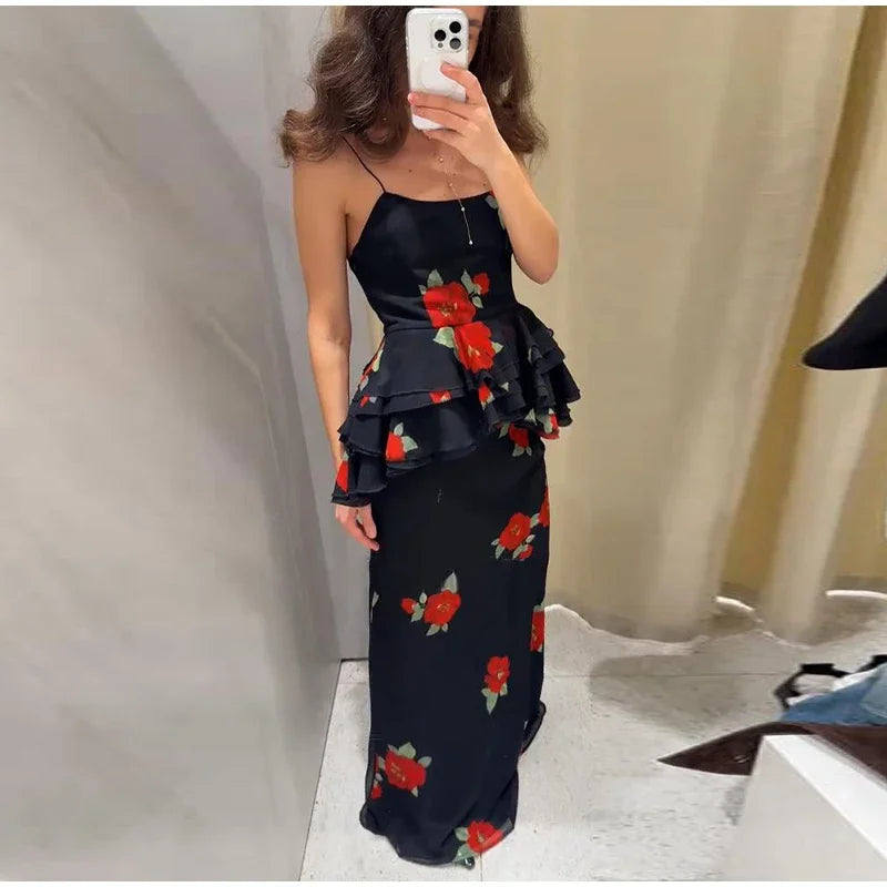 Sexy Flower Print Top Long Skirt Set Women Slim Ruffle Strap U-neck Top Loose High Waist Skirts  Fashion Summer Party Suit
