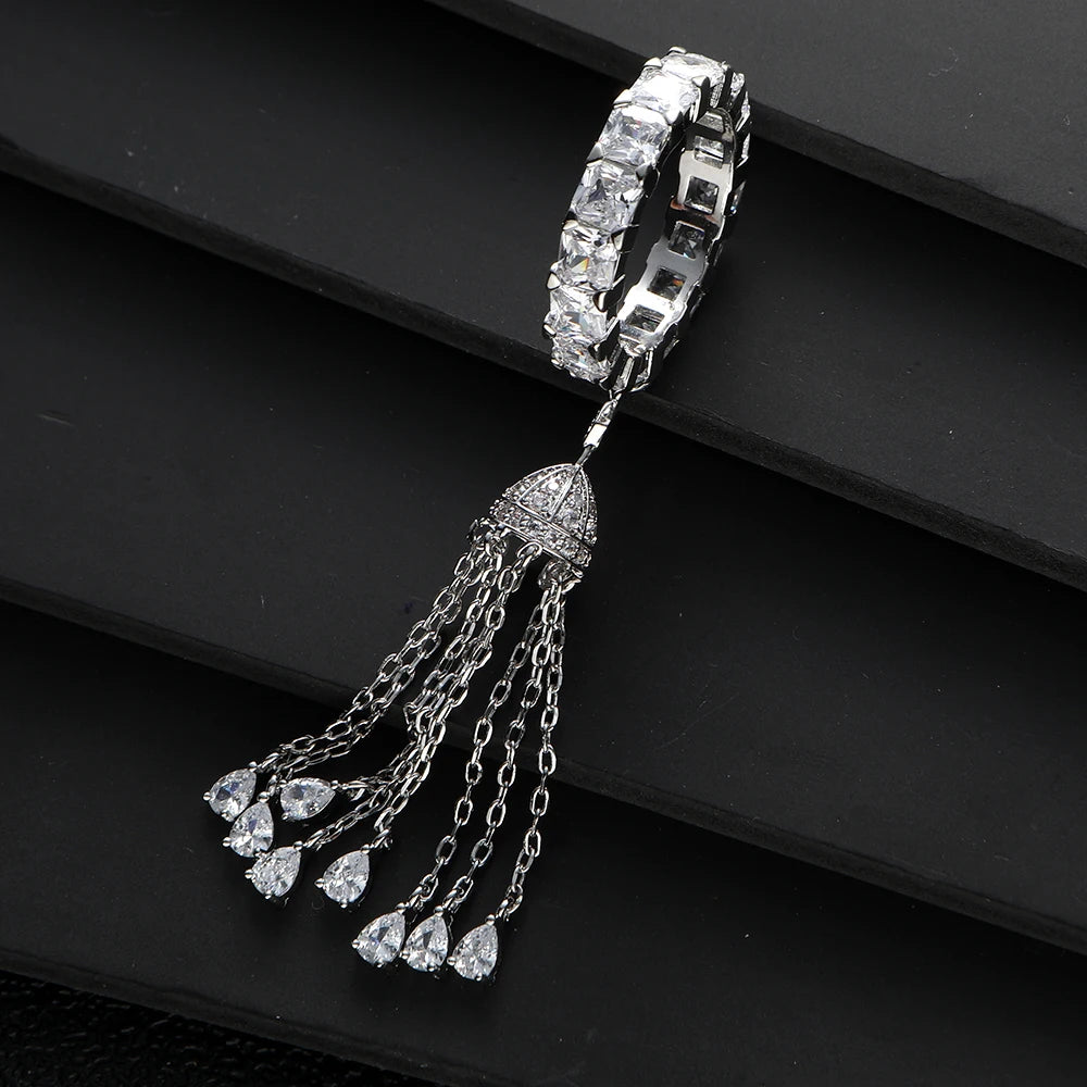 Trendy Twist Tassels Statement Rings for Women Square Cubic Zircon Finger Rings Beads Charm Ring Bohemian Beach Jewelry R182