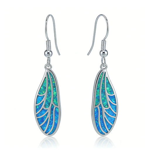 Boho Minimalist Wing Earrings,Blue Green Opal Dangle Earrings,Hypoallergenic Lightweight Elegant Everyday Jewelry Gift for Women