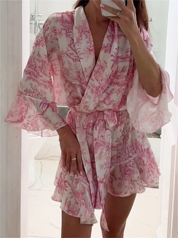 Tossy Ruffled Printed Lace-Up MIni Dress Women V-Neck Patchwork Contrast Fashion Elegant Bandage Party Dress Female Summer Dress