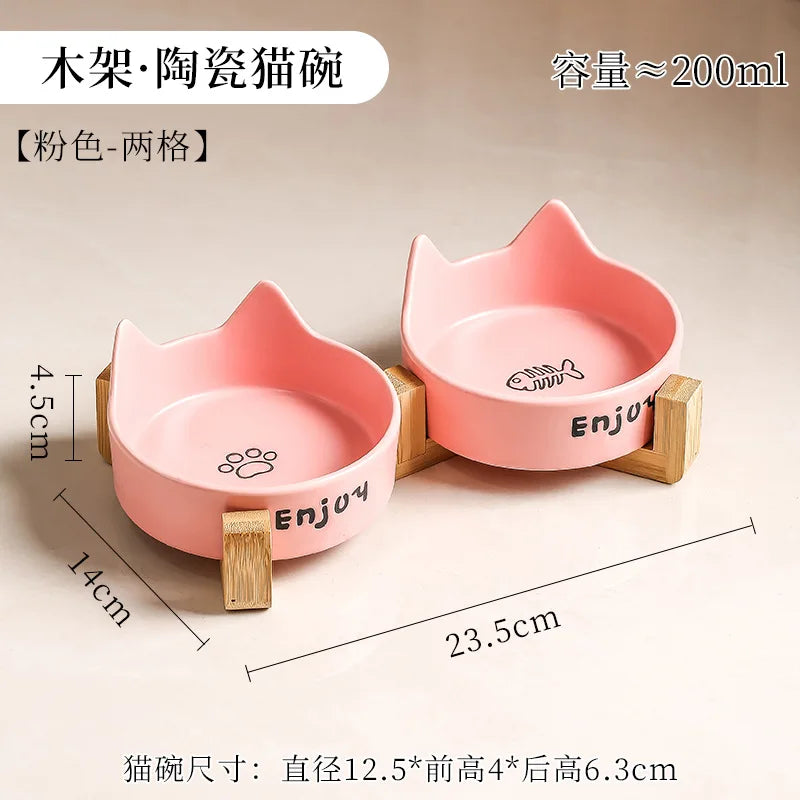 Ceramic Double Bowl Pet Cat Bowl Anti-Slip Heightened Bamboo Table Feeding Bowl Pet Supplies Water Feeders Small Dogs Supplies