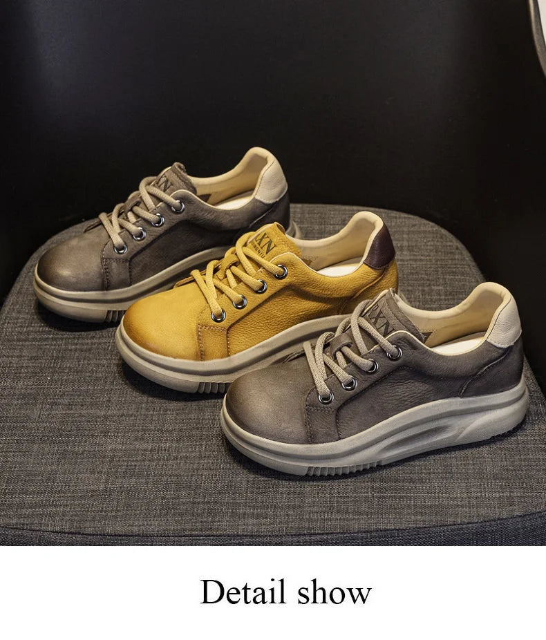 DRKANOL Spring Genuine Leather Casual Sneakers Women Thick Bottom Platform Lightweight Single Shoes Ladies Wedges Heel Shoes