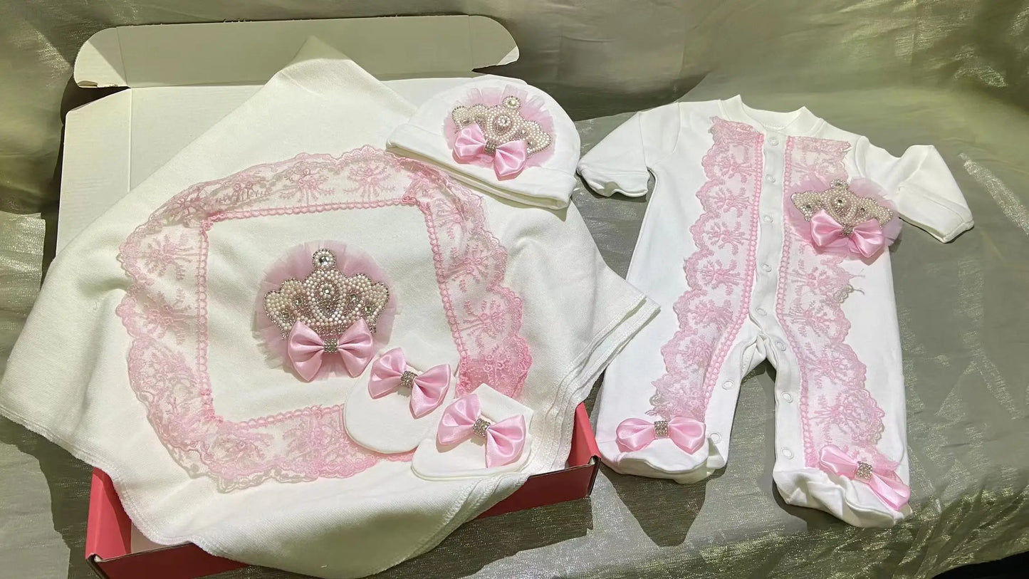5pcs Baby Girl Outfits Set Welcome Home Hosptial Infant Receiving Blanket Pillow Bed Hat Mittens Romper Set